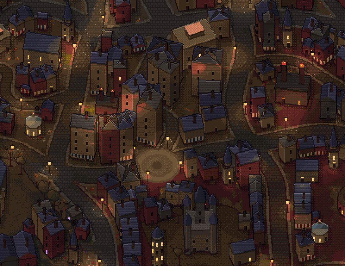 The pixel-art map of Death Valley at dusk: the High Court, Night Market, the Vault, Covens Quarter, the Crucible and the clock tower