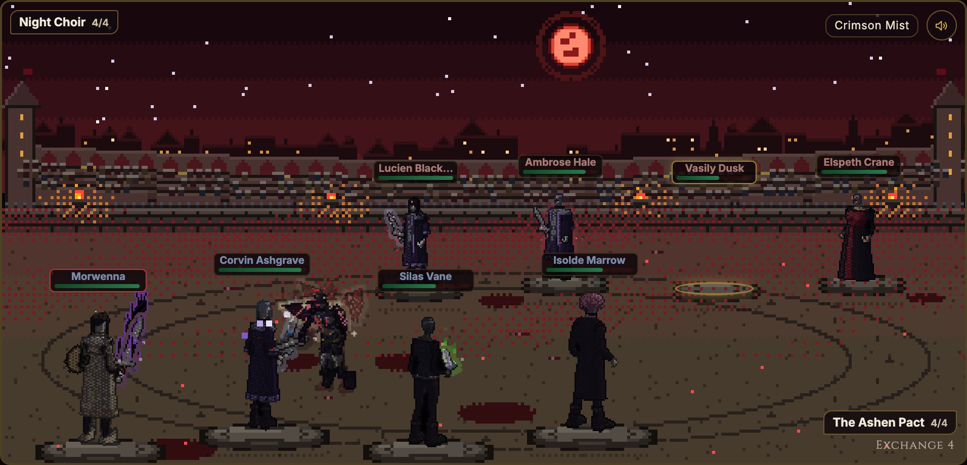 A four-against-four coterie battle under a blood moon: a winged Nightmare Sovereign lunges, blades burning with black fire, soul-fire and witch-fire