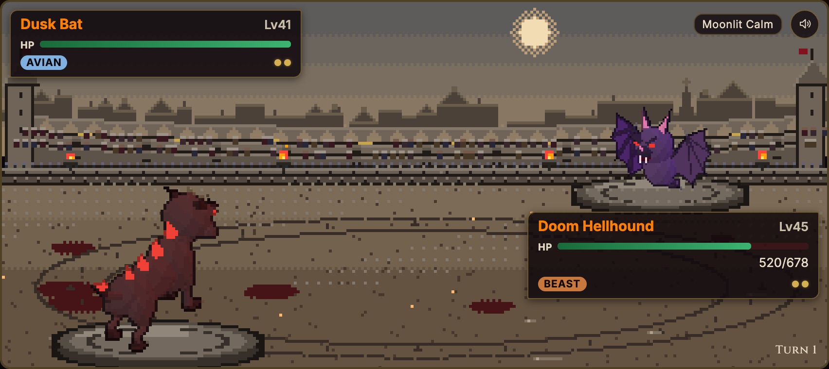 Vampire game Familiar Arena battle: a Doom Hellhound faces a Dusk Bat inside the amphitheatre