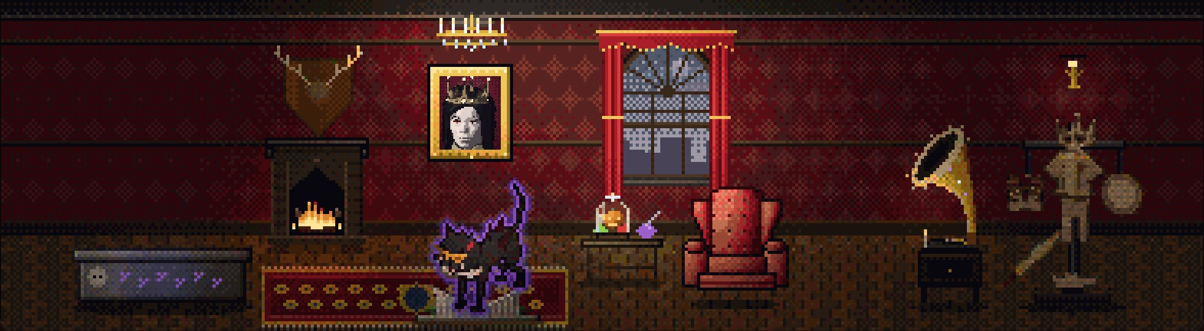 A furnished vampire Lair: damask walls, a chandelier, a rune sarcophagus, the hearth, your portrait, a masked panther on its perch, a gramophone and an armor stand