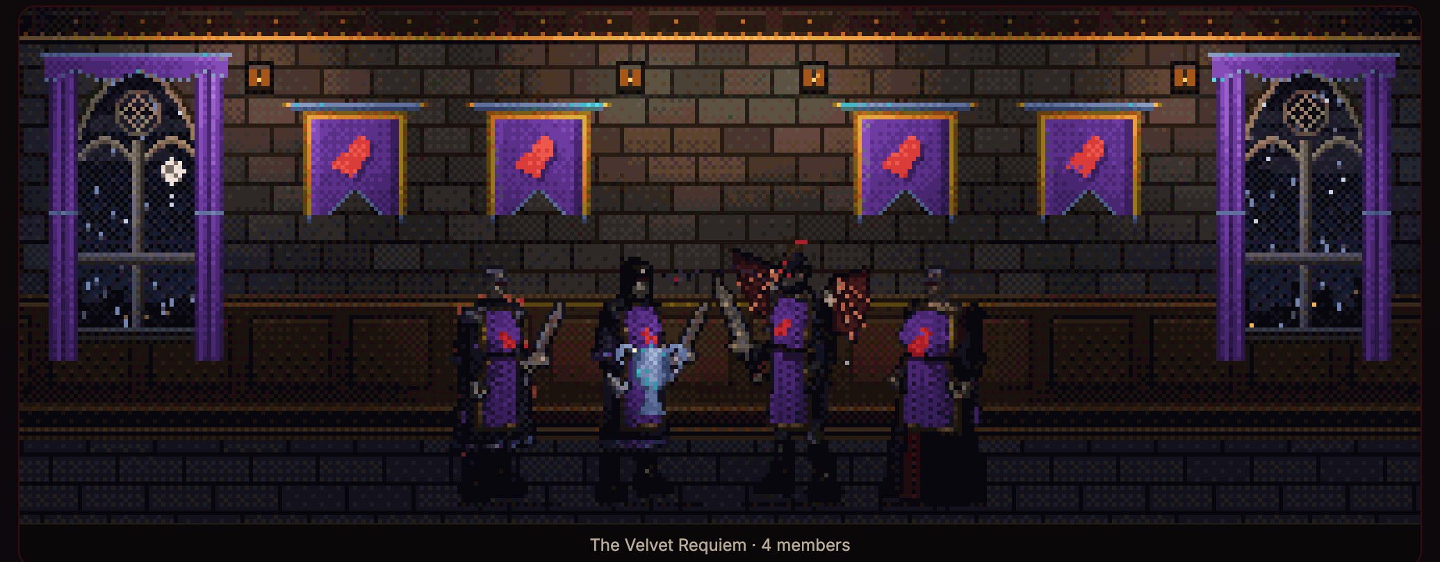 Vampire game coven hall: a level 30 coven gathered in its great hall, every member in the coven tabard under purple banners