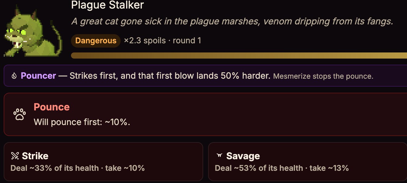 Vampire game hunting expedition: a duel with a Plague Stalker, its pounce shown first, and the choice to strike, savage, guard, feed or mesmerize