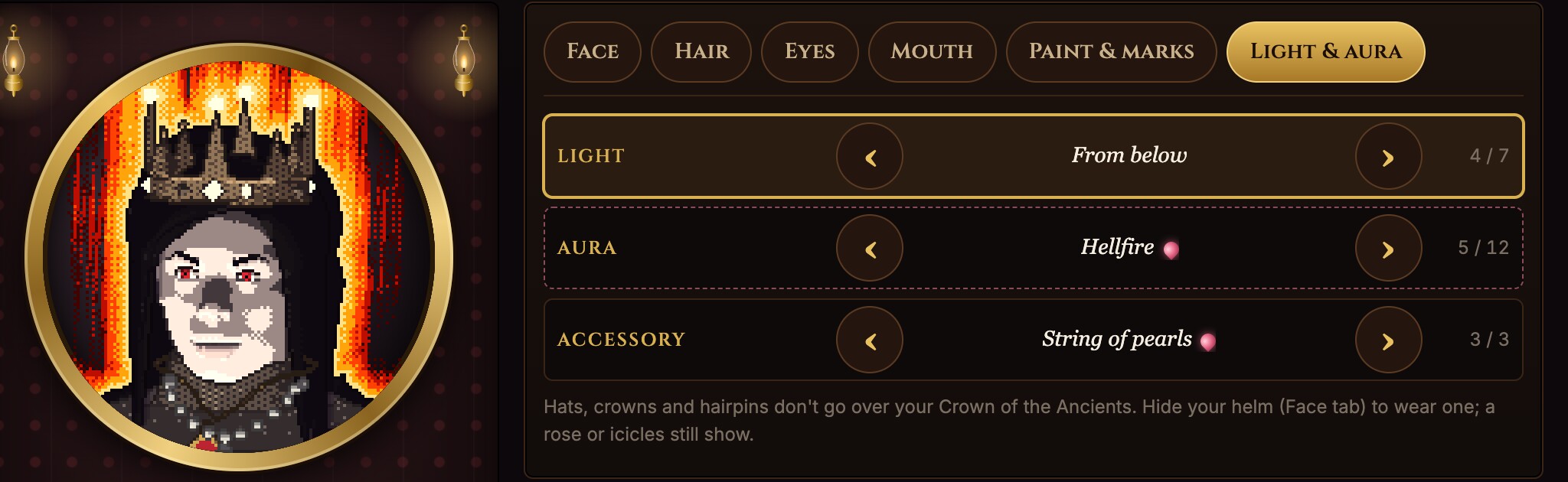 The barber's chair: a crowned vampire portrait with a hellfire aura, lit from below, and the light and aura choices